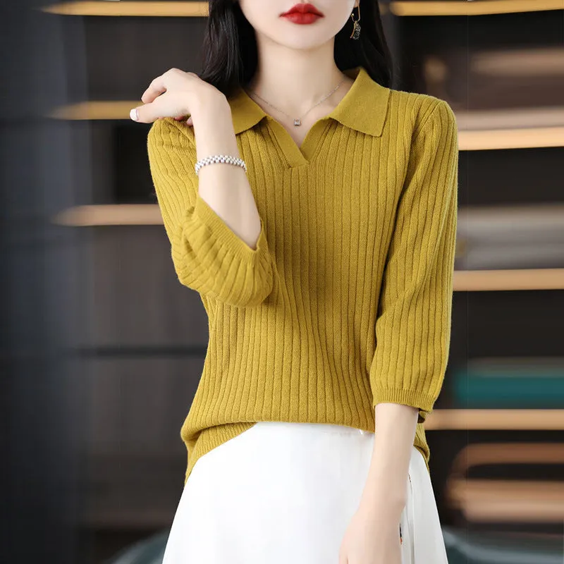 Women's loose striped polyester inner sweater pullover in camel