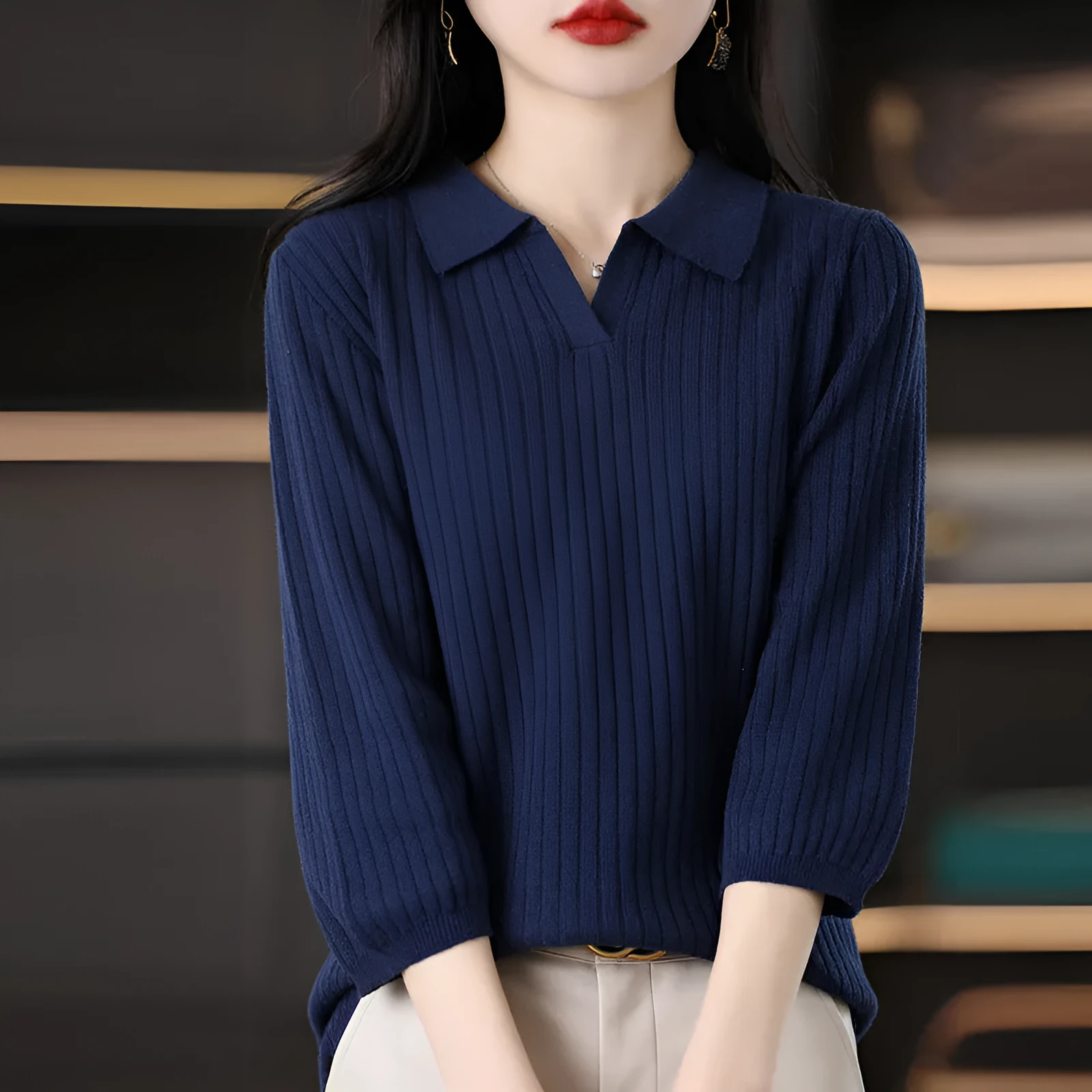 Women's loose striped polyester inner sweater pullover in camel