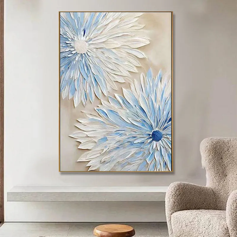 Hand painted abstract blue white flower oil painting on canvas vertical modern wall art for bedroom