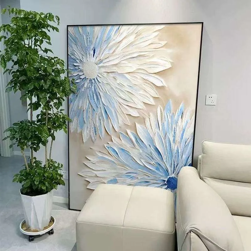 Hand painted abstract blue white flower oil painting on canvas vertical modern wall art for bedroom