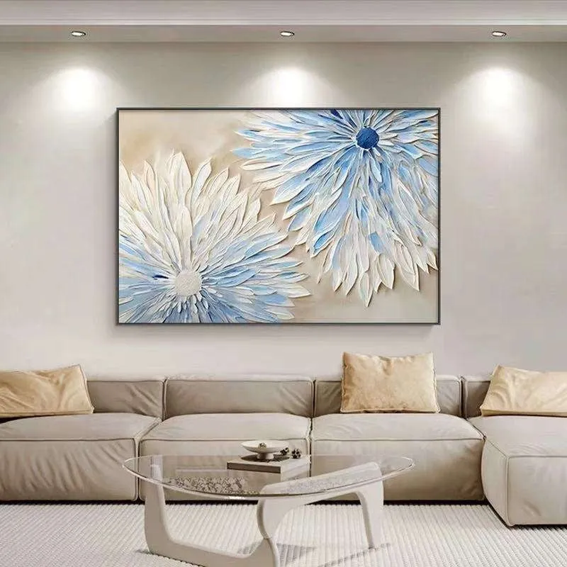 Hand painted abstract blue white flower oil painting on canvas vertical modern wall art for bedroom