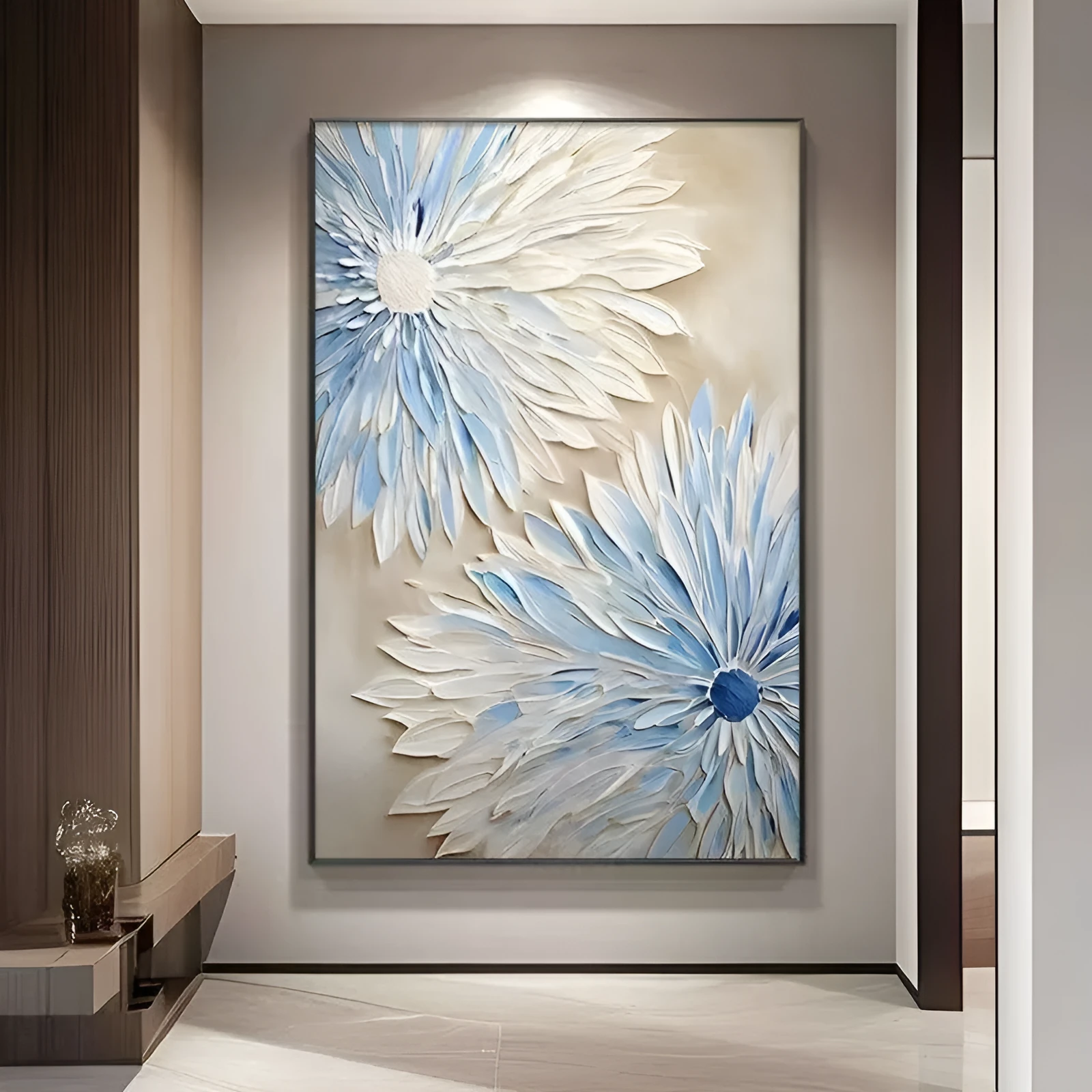 Hand painted abstract blue white flower oil painting on canvas vertical modern wall art for bedroom