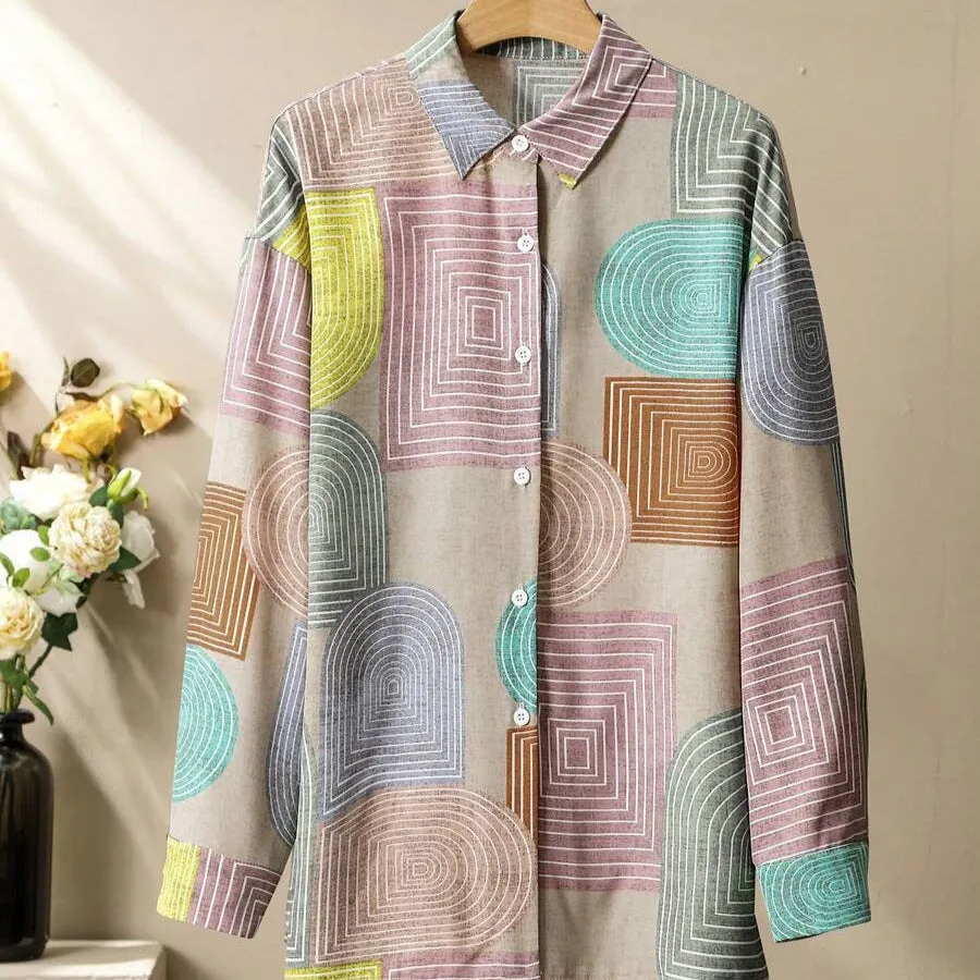 Women's geometric print long sleeve trouser suit in polyester with button detail, casual style