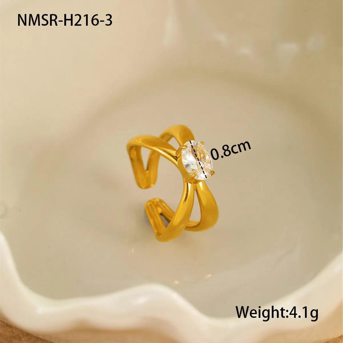 Non-fading inlaid zircon stainless steel open mouth ring for women in horse eye style with electroplated finish