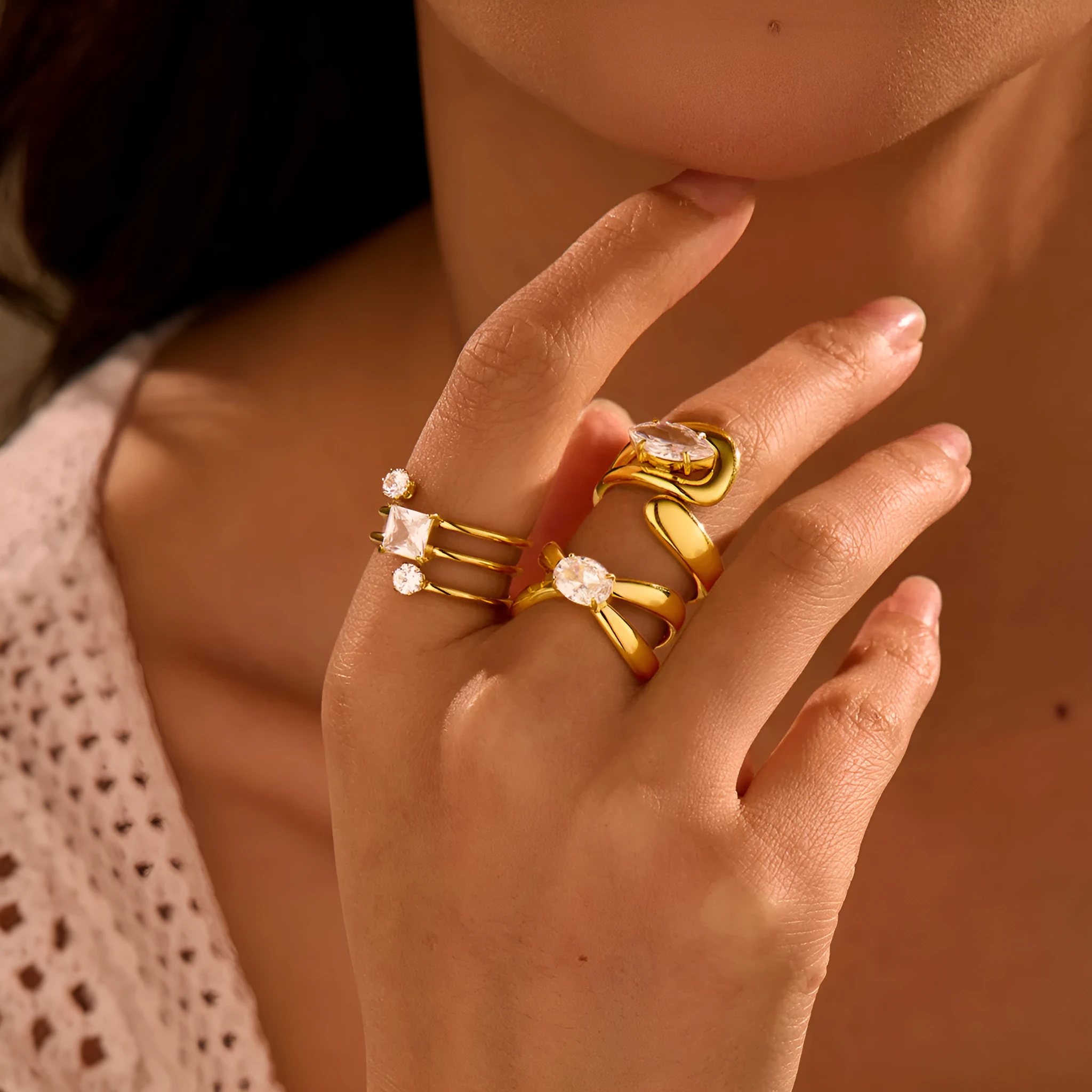 Non-fading inlaid zircon stainless steel open mouth ring for women in horse eye style with electroplated finish