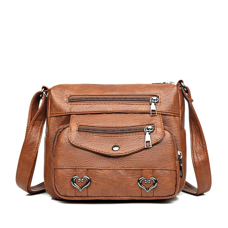 Soft PU crossbody shoulder bag with multi-pocket design in urban simplicity style, available in brown colour