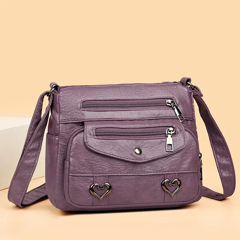 Soft PU crossbody shoulder bag with multi-pocket design in urban simplicity style, available in brown colour