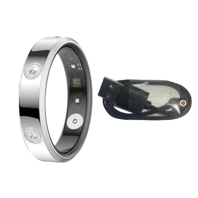 Silver intelligent smart ring with line charger, finger worn for blood oxygen and heart rate exercise monitoring