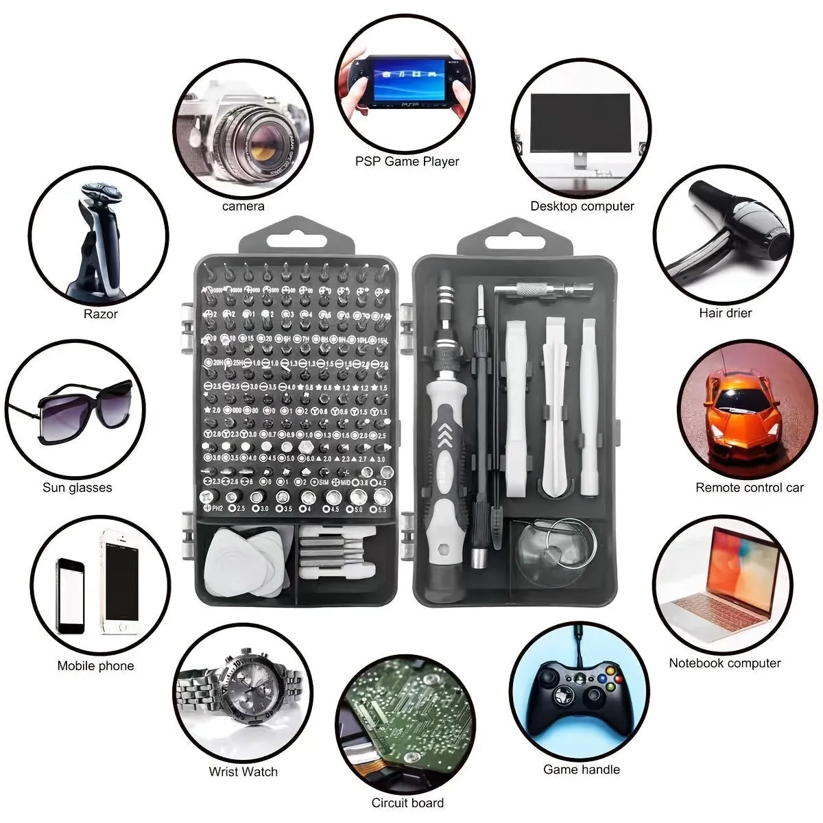 115-in-one manual screwdriver tool set with carbon steel cutter head and 90mm bar on a flat surface