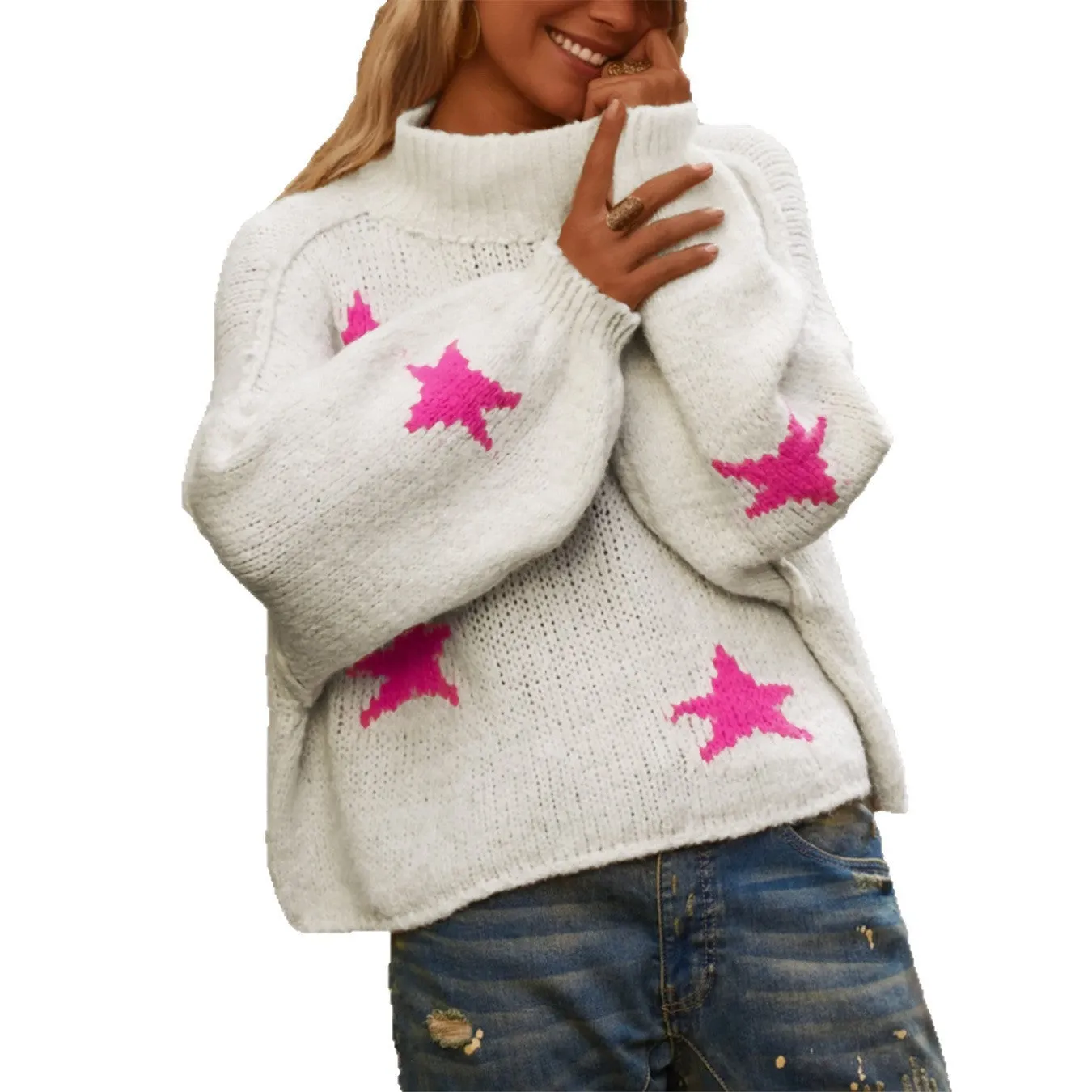 White women's loose turtleneck pullover sweater with a five-pointed star pattern in imitation velvet fabric.