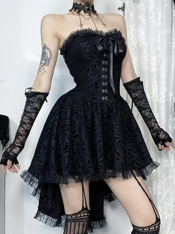 Black gothic flocking bra trailing dress with bow detail, sleeveless, hip skirt style for Halloween costume