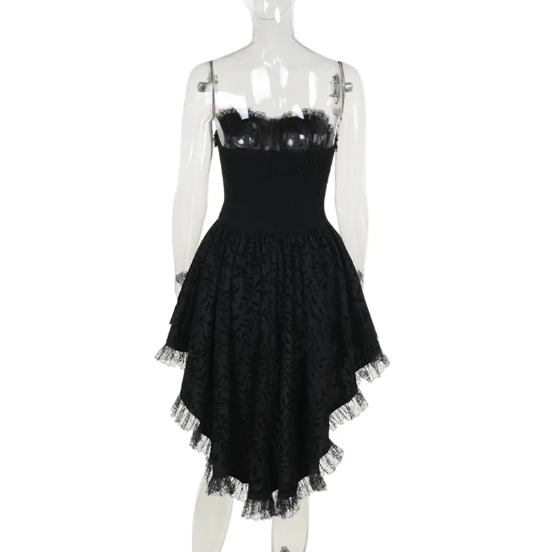 Black gothic flocking bra trailing dress with bow detail, sleeveless, hip skirt style for Halloween costume