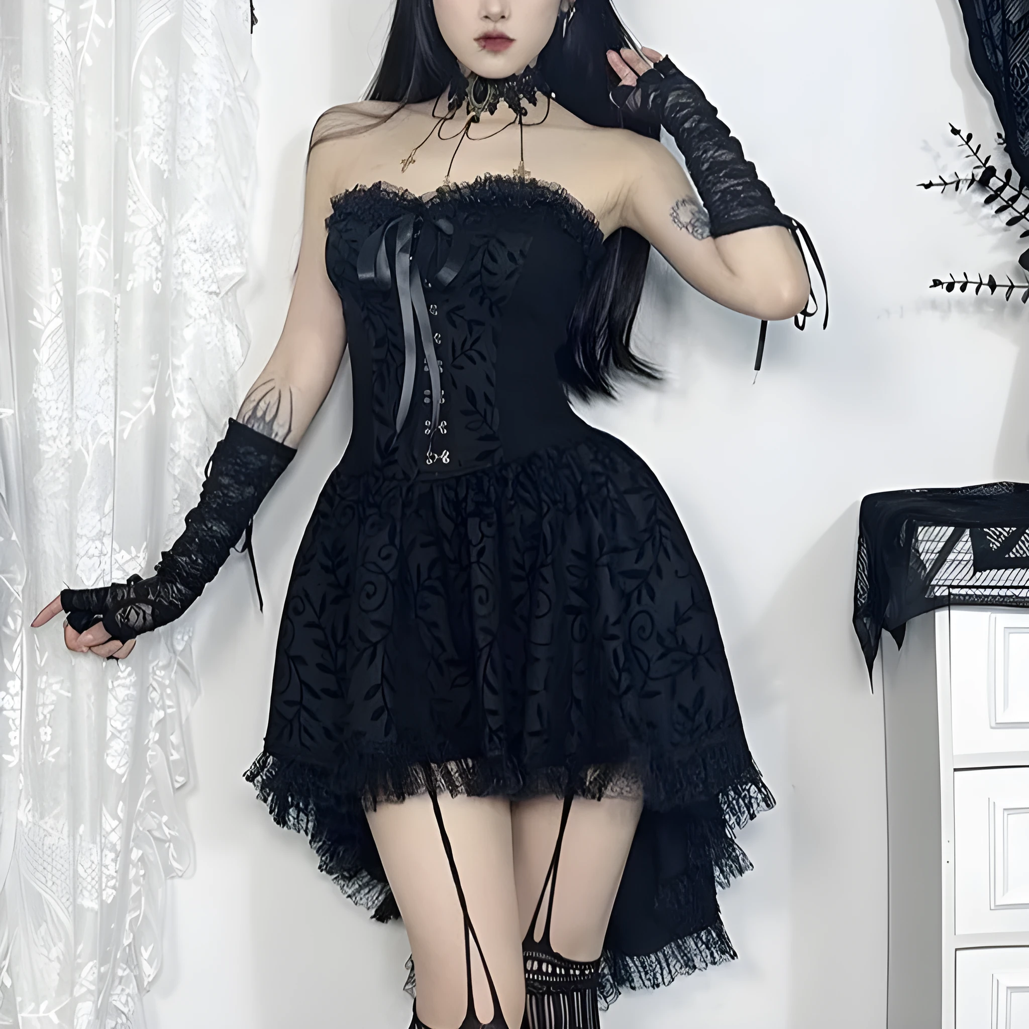 Black gothic flocking bra trailing dress with bow detail, sleeveless, hip skirt style for Halloween costume