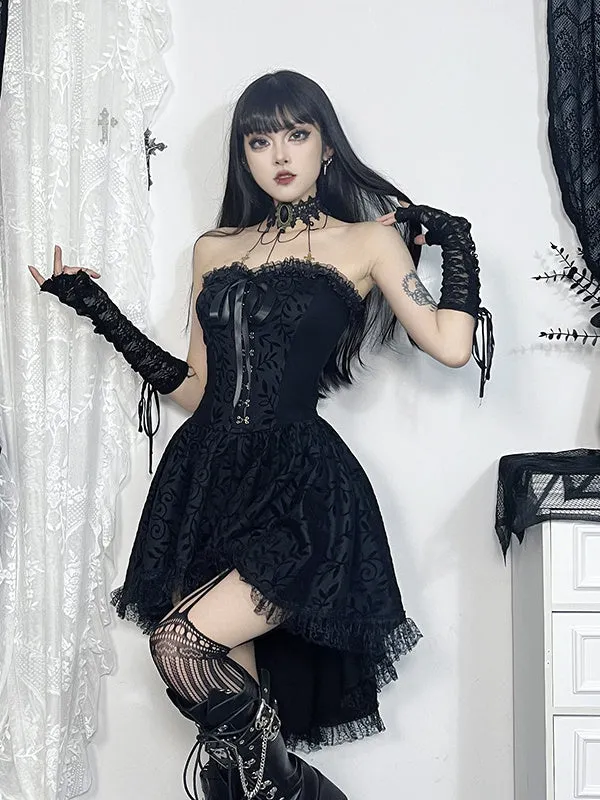 Black gothic flocking bra trailing dress with bow detail, sleeveless, hip skirt style for Halloween costume