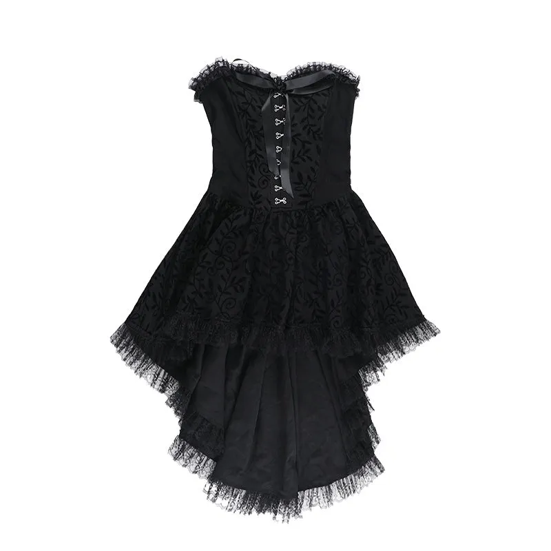 Black gothic flocking bra trailing dress with bow detail, sleeveless, hip skirt style for Halloween costume