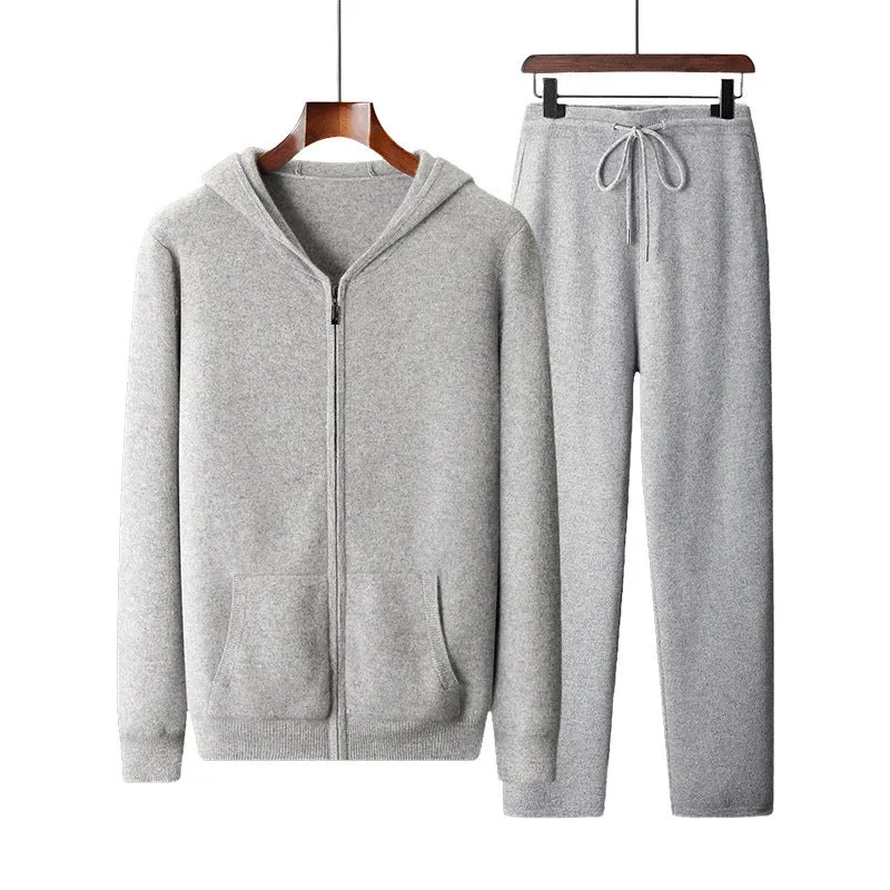 Men's wool coat casual pants suit hooded thickening long sleeve in light gray