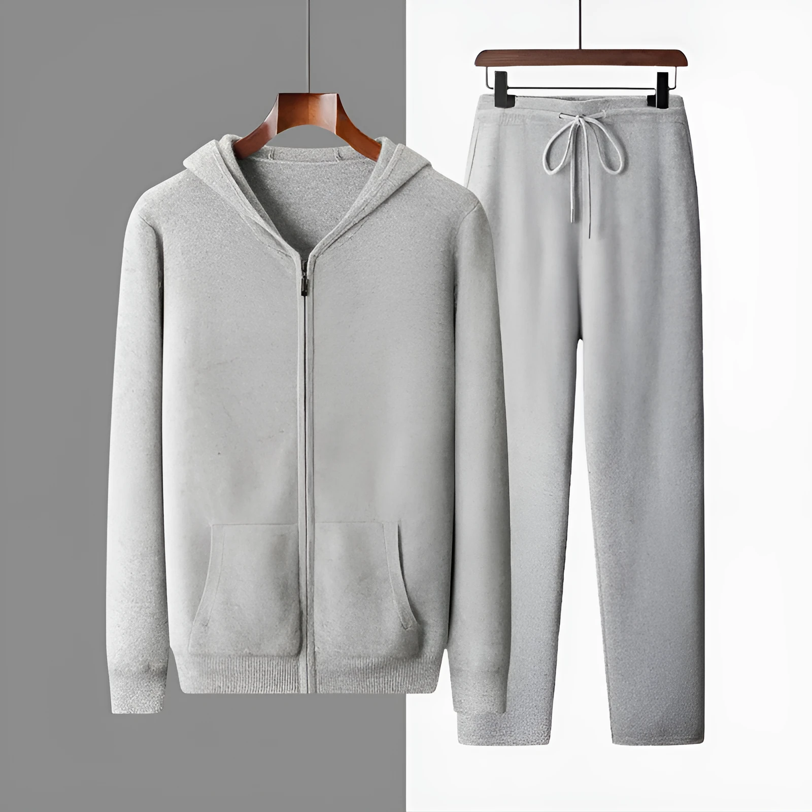 Men's wool coat casual pants suit hooded thickening long sleeve in light gray