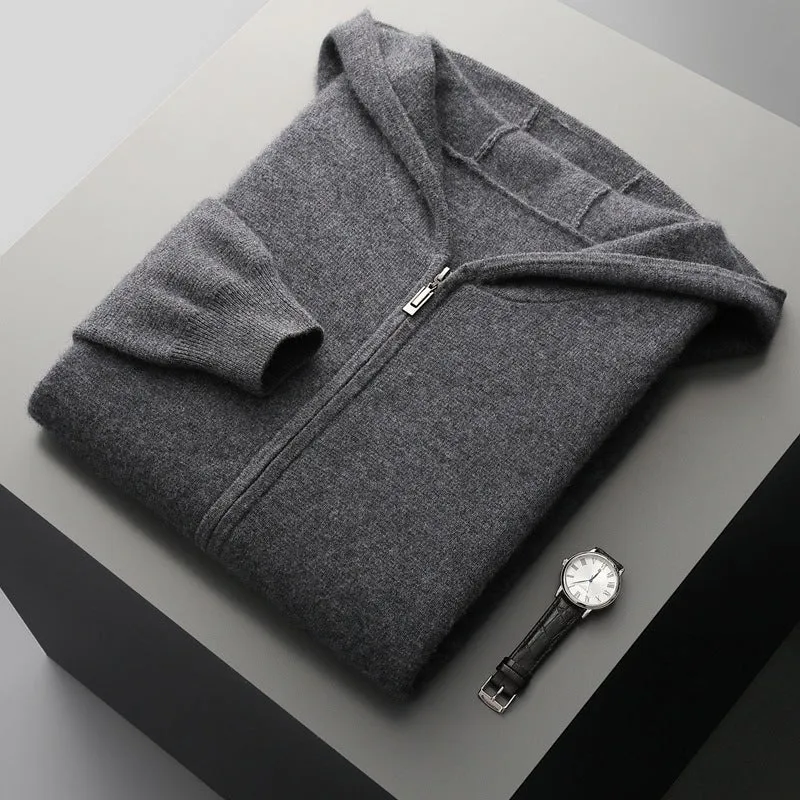 Men's wool coat casual pants suit hooded thickening long sleeve in light gray