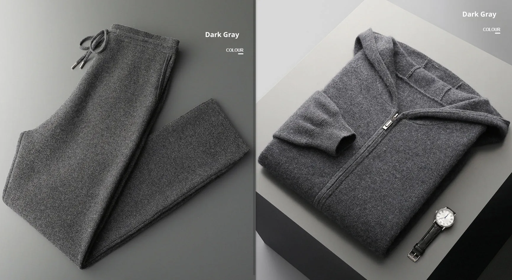 Men's wool coat casual pants suit hooded thickening long sleeve in light gray