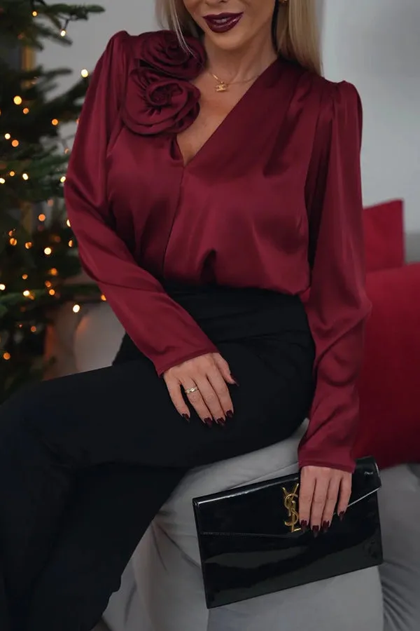 V-neck flower decoration satin long sleeve shirt top in wine red, loose fit polyester women's blouse