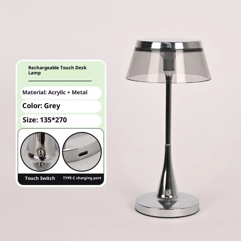 Aluminium acrylic rechargeable touch-dimming LED table lamp D13.5 H27cm in grey shade with USB charging cable