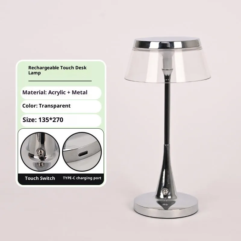 Aluminium acrylic rechargeable touch-dimming LED table lamp D13.5 H27cm in grey shade with USB charging cable