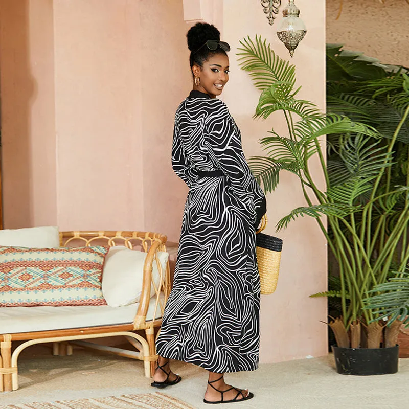 Printed beach cover-up for women in black white line with cotton lining and rayon fabric, average size