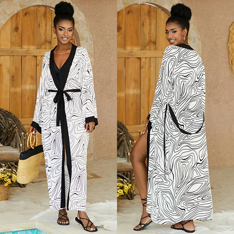 Printed beach cover-up for women in black white line with cotton lining and rayon fabric, average size