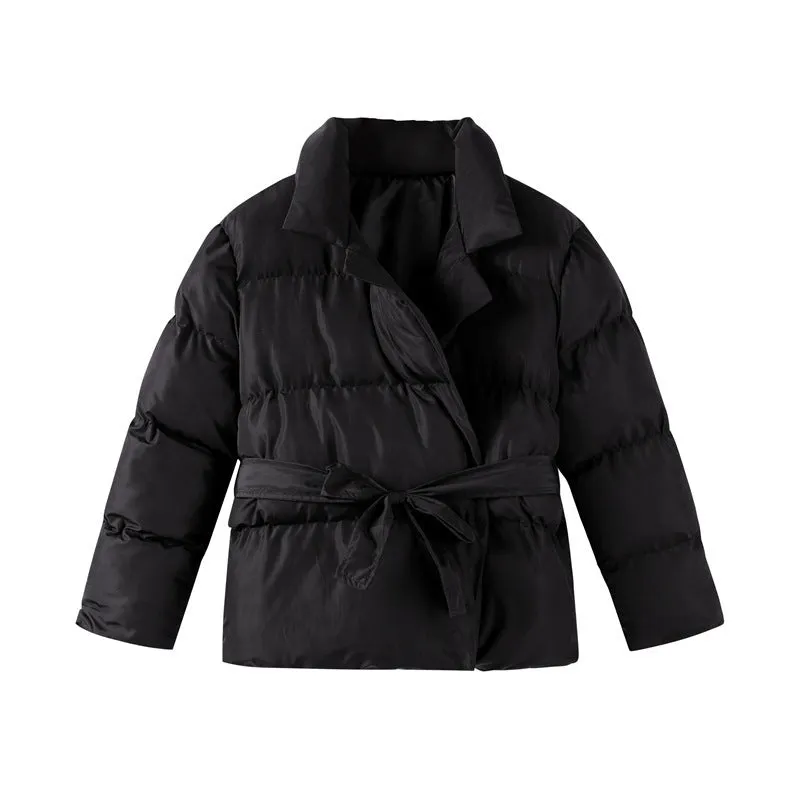 Waist-controlled lace-up lapel long sleeve polyester jacket in black with drawstring waist, front view.
