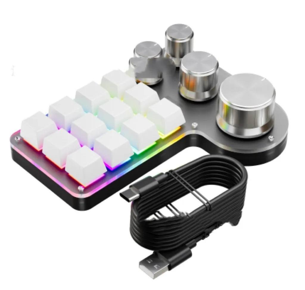Custom mechanical keypad with 12 keys and 4 knobs, red axis switches, black housing, USB connection