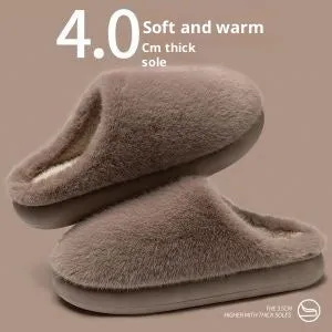 Non-slip winter cotton-padded slippers with plush upper, flat heel, round toe, beige colour
