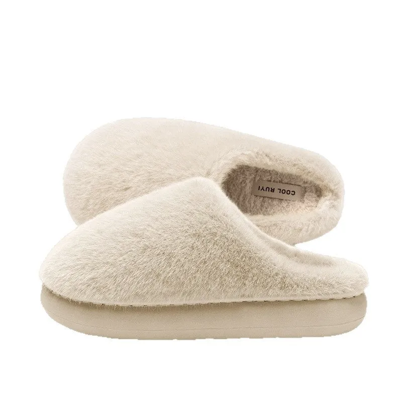 Non-slip winter cotton-padded slippers with plush upper, flat heel, round toe, beige colour
