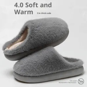 Non-slip winter cotton-padded slippers with plush upper, flat heel, round toe, beige colour