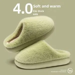 Non-slip winter cotton-padded slippers with plush upper, flat heel, round toe, beige colour