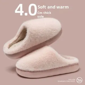 Non-slip winter cotton-padded slippers with plush upper, flat heel, round toe, beige colour