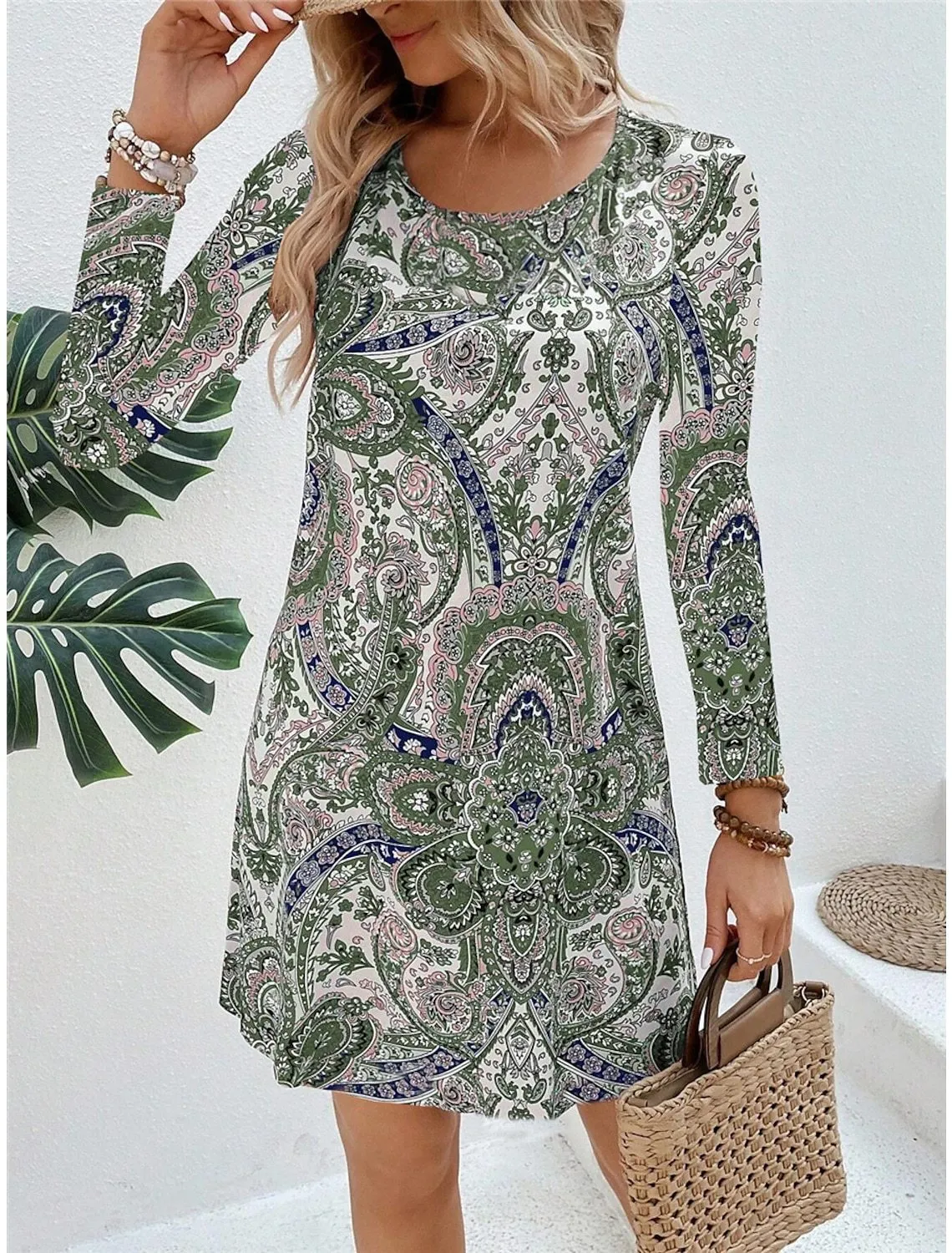 Women's casual paisley print V-neck long sleeve polyester pullover dress in mid-waist style.