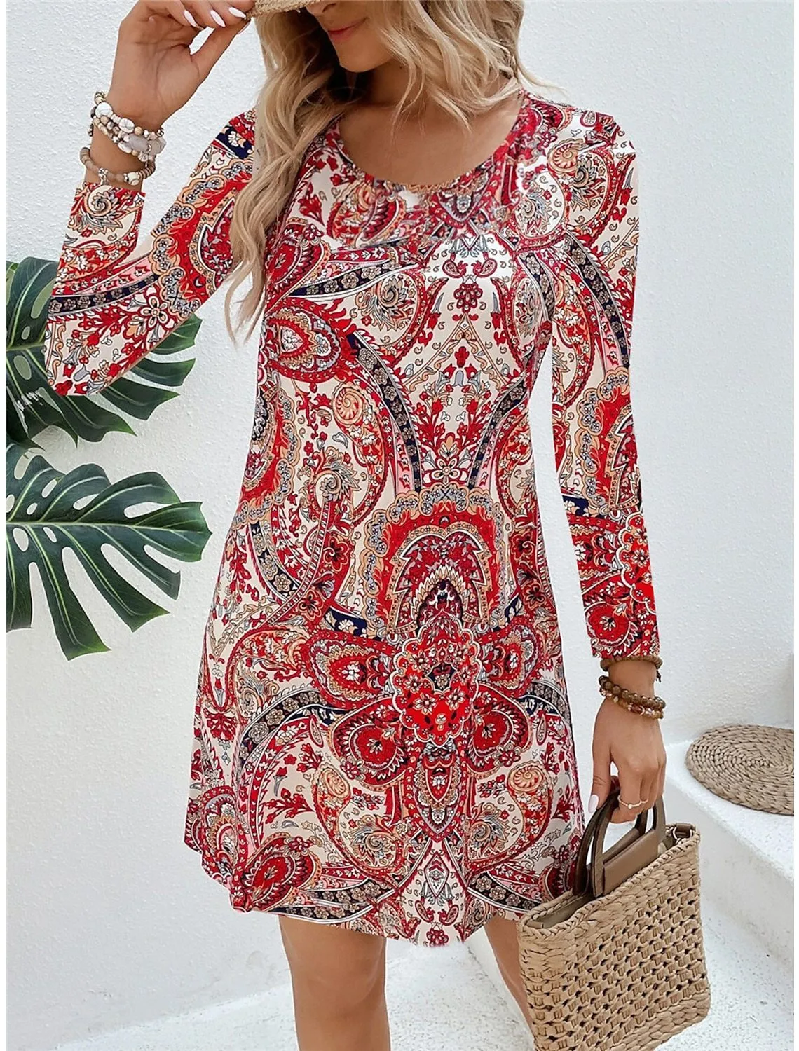 Women's casual paisley print V-neck long sleeve polyester pullover dress in mid-waist style.