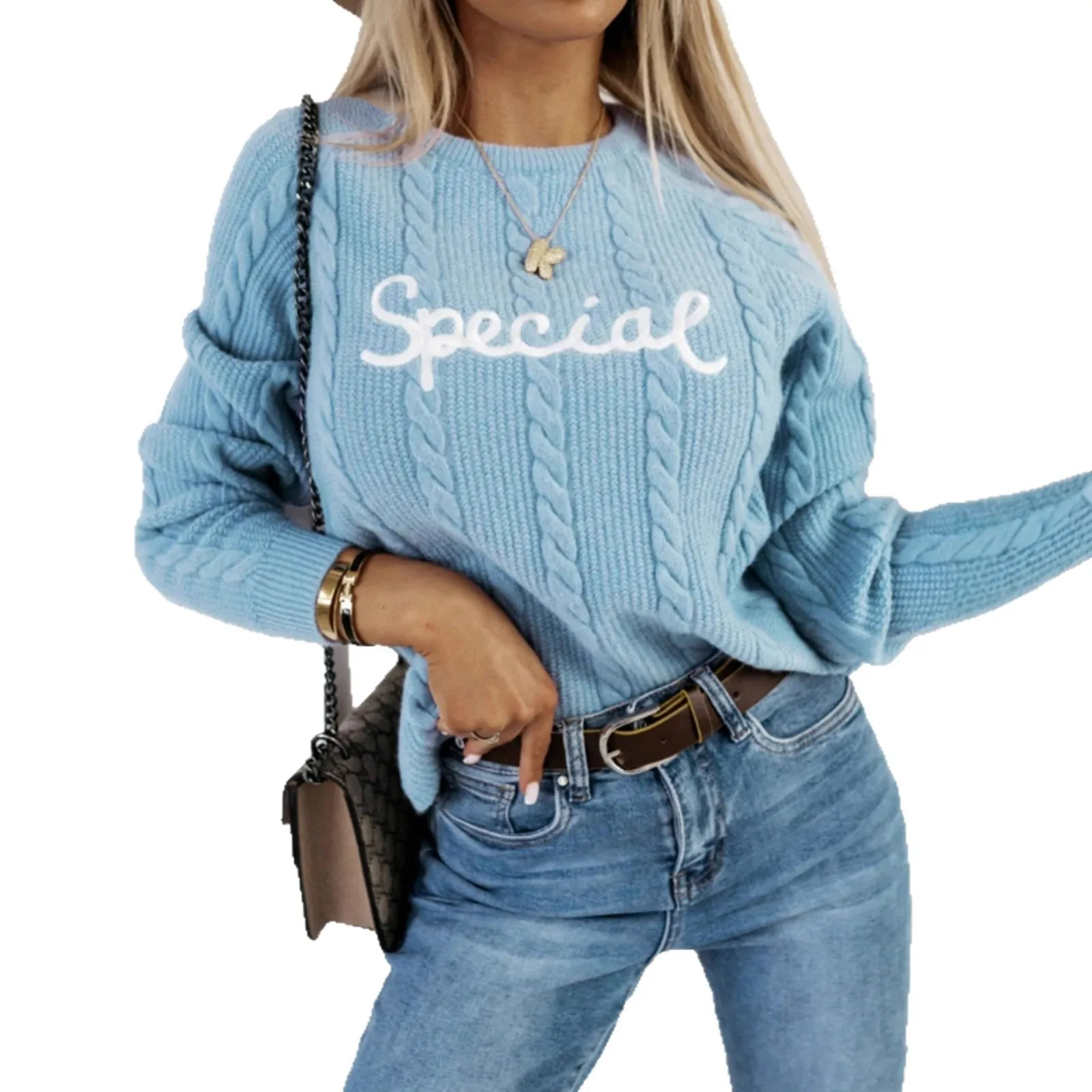 Blue crew neck pullover sweater with embroidered letter design on the chest.