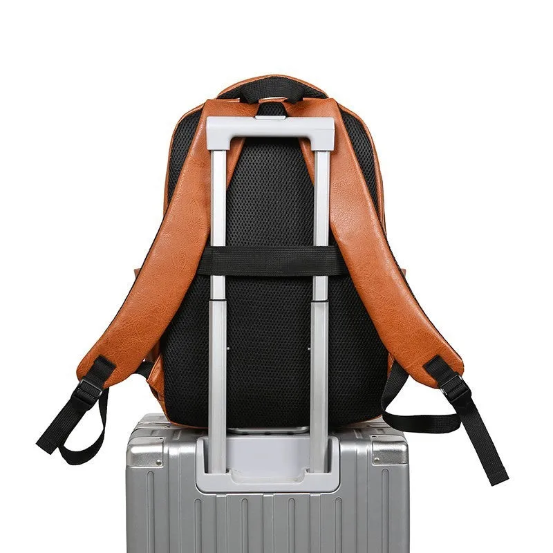 Men's large capacity PU backpack in khaki, 47x33x18cm, with curved shoulder straps and main compartment opening