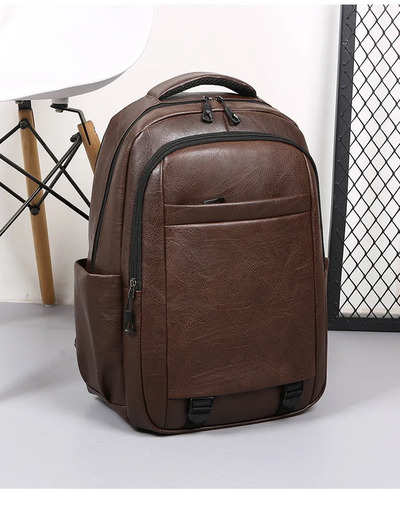 Men's large capacity PU backpack in khaki, 47x33x18cm, with curved shoulder straps and main compartment opening