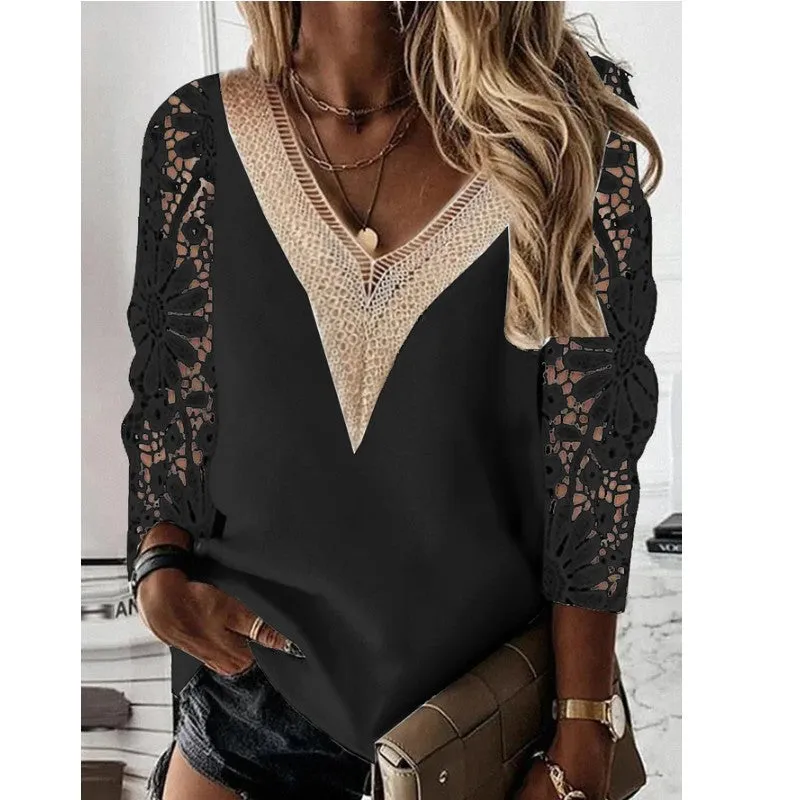 Women's v-neck nine-quarter sleeve chiffon shirt with lace splicing in gray, slim fit