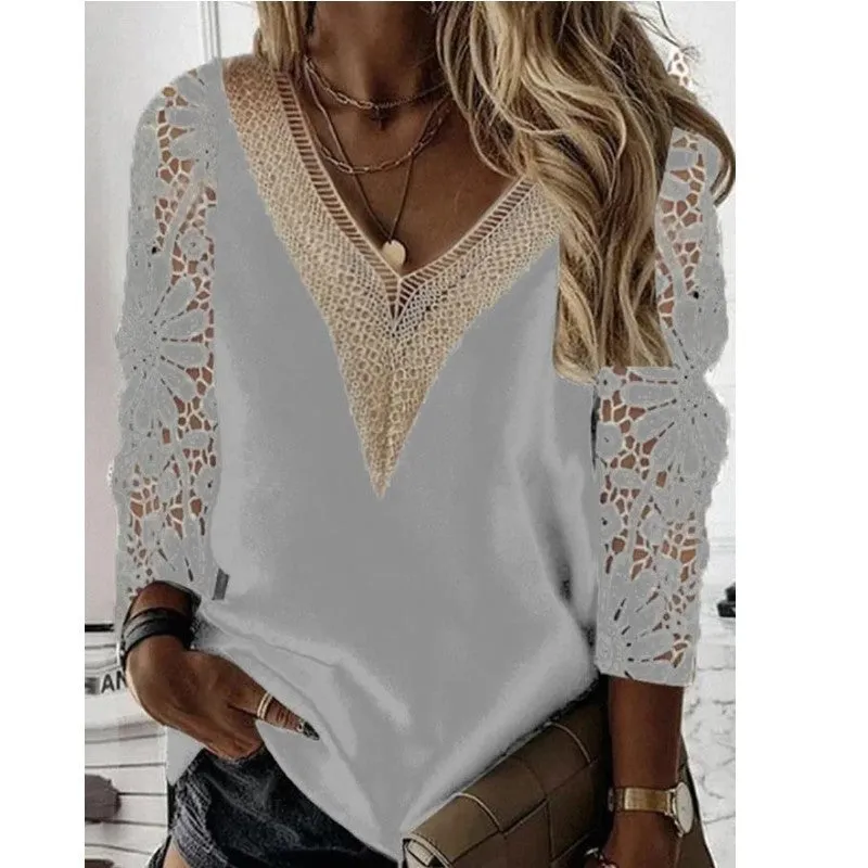Women's v-neck nine-quarter sleeve chiffon shirt with lace splicing in gray, slim fit