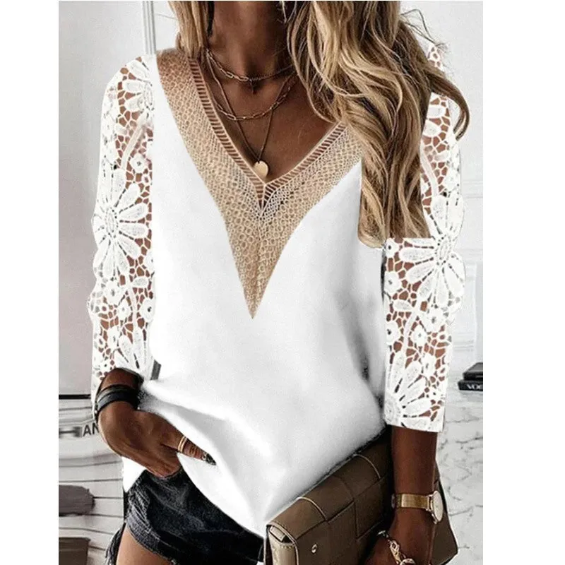 Women's v-neck nine-quarter sleeve chiffon shirt with lace splicing in gray, slim fit