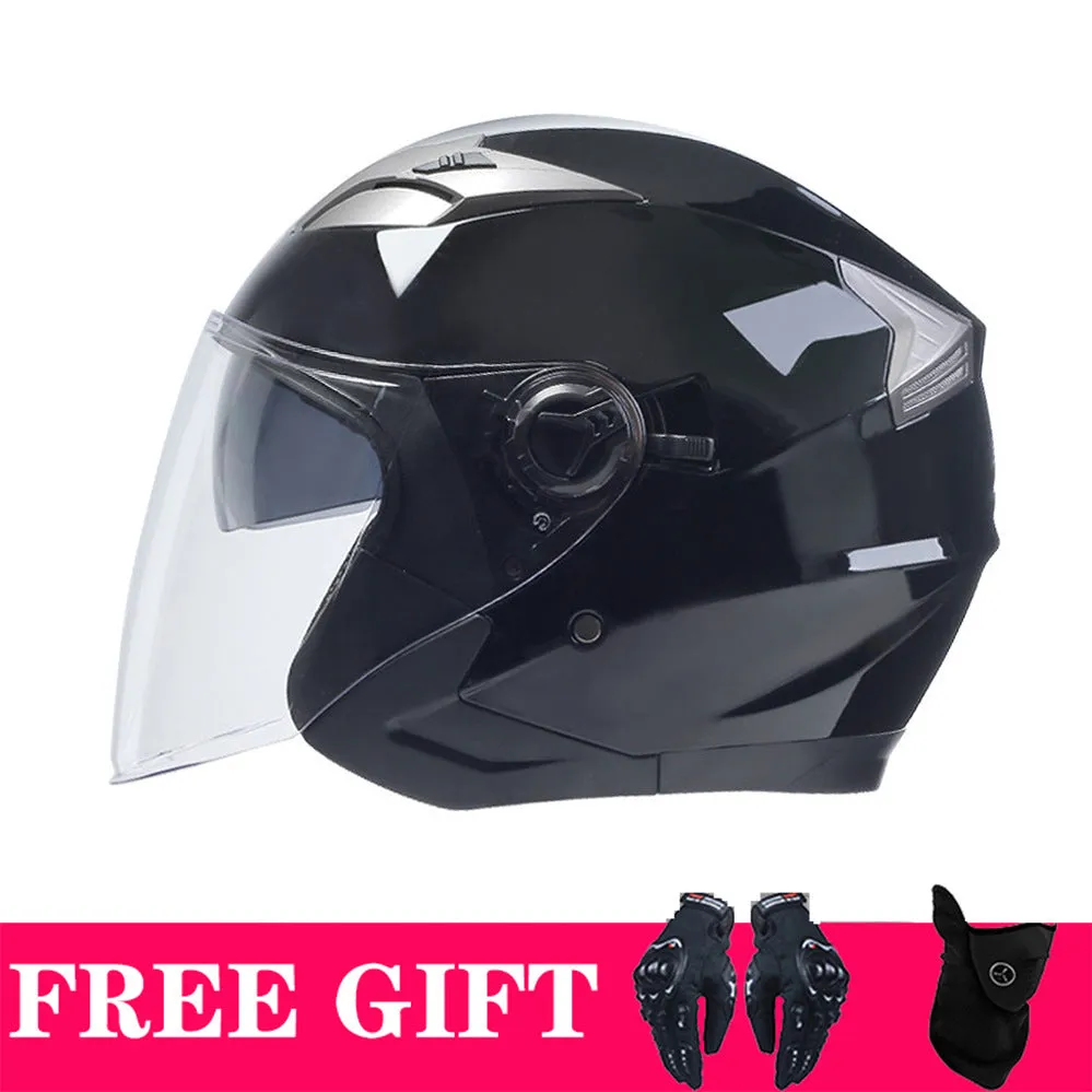 Double lens retro motorcycle helmet in matte black gold finish for electric motorcycle use with ABS shell