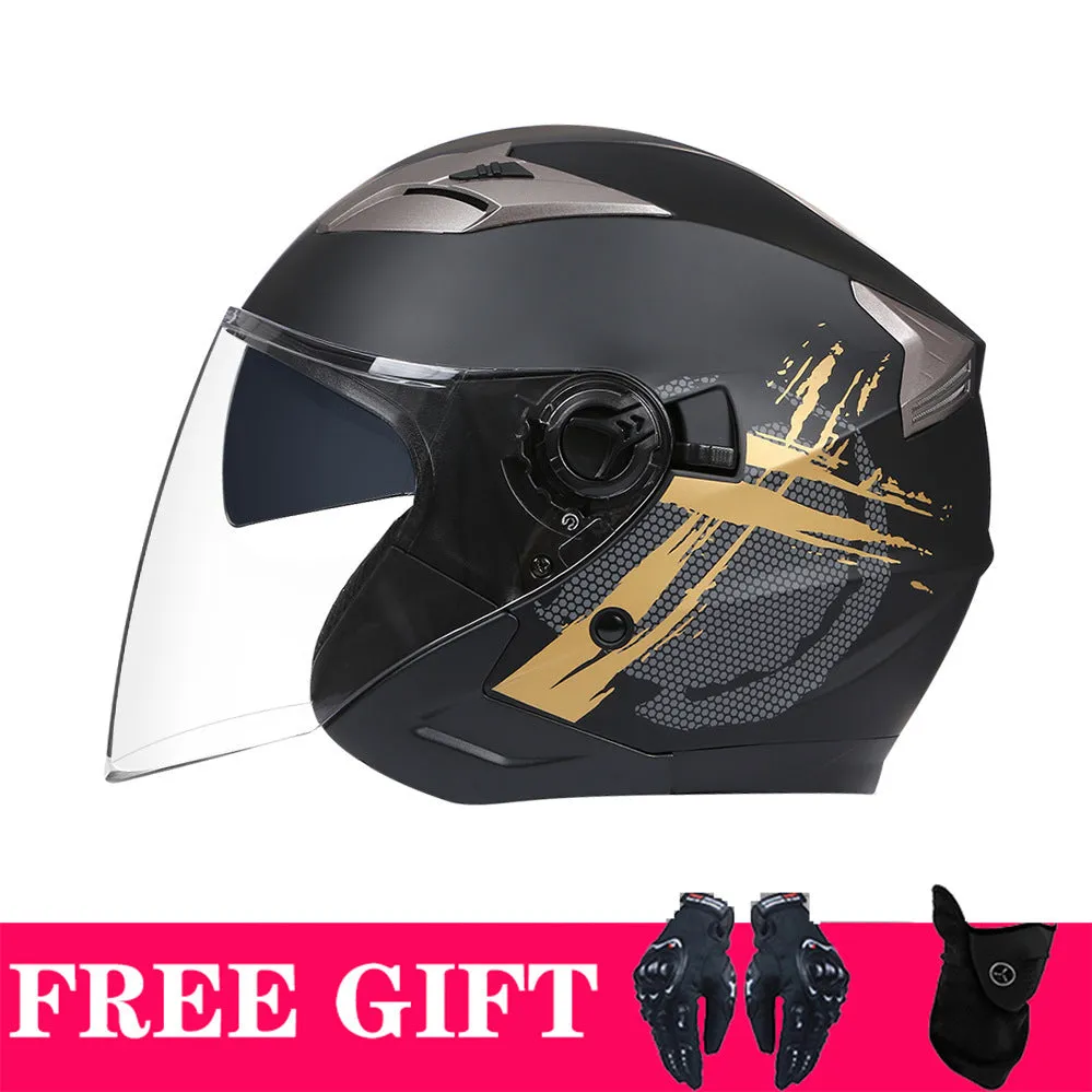 Double lens retro motorcycle helmet in matte black gold finish for electric motorcycle use with ABS shell