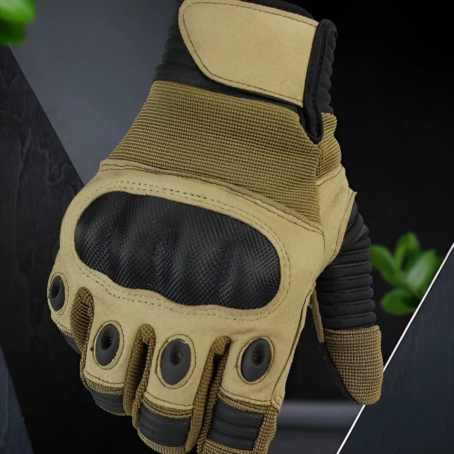 Pair of touch screen military tactical full finger motorbike gloves in knitted fabric black colour