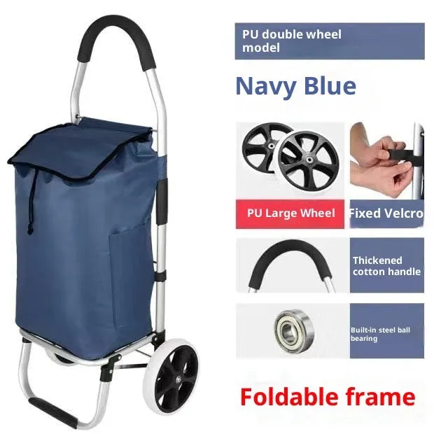 Folding aluminium alloy shopping cart trolley with pull rod and white ring bull wheel in black colour