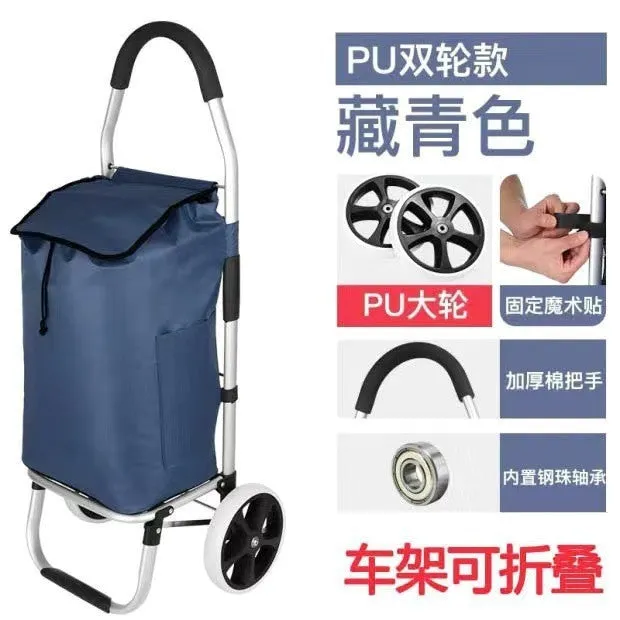 Folding aluminium alloy shopping cart trolley with pull rod and white ring bull wheel in black colour