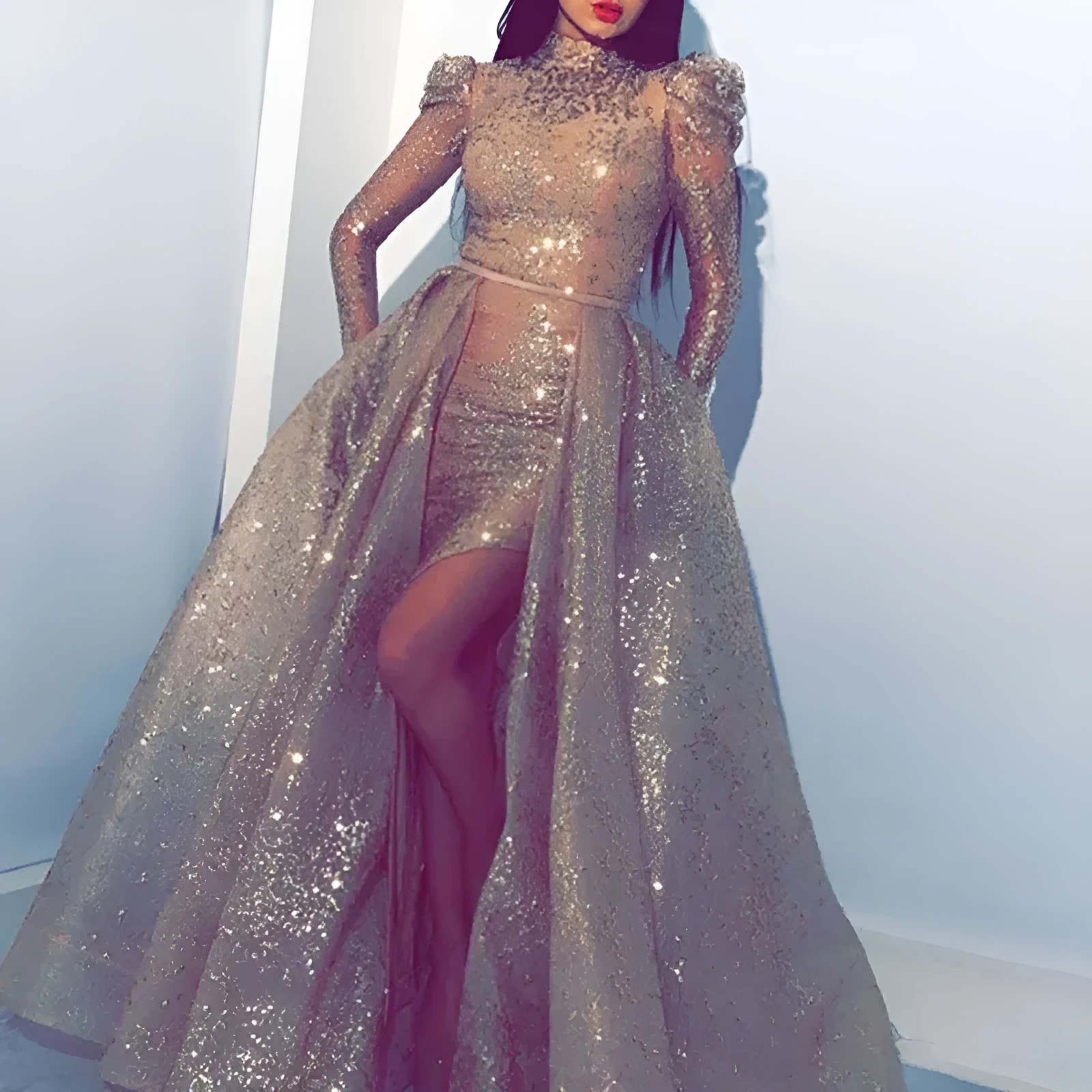 Gold rhinestone high-waist long sleeve maxi dress on female model, front view