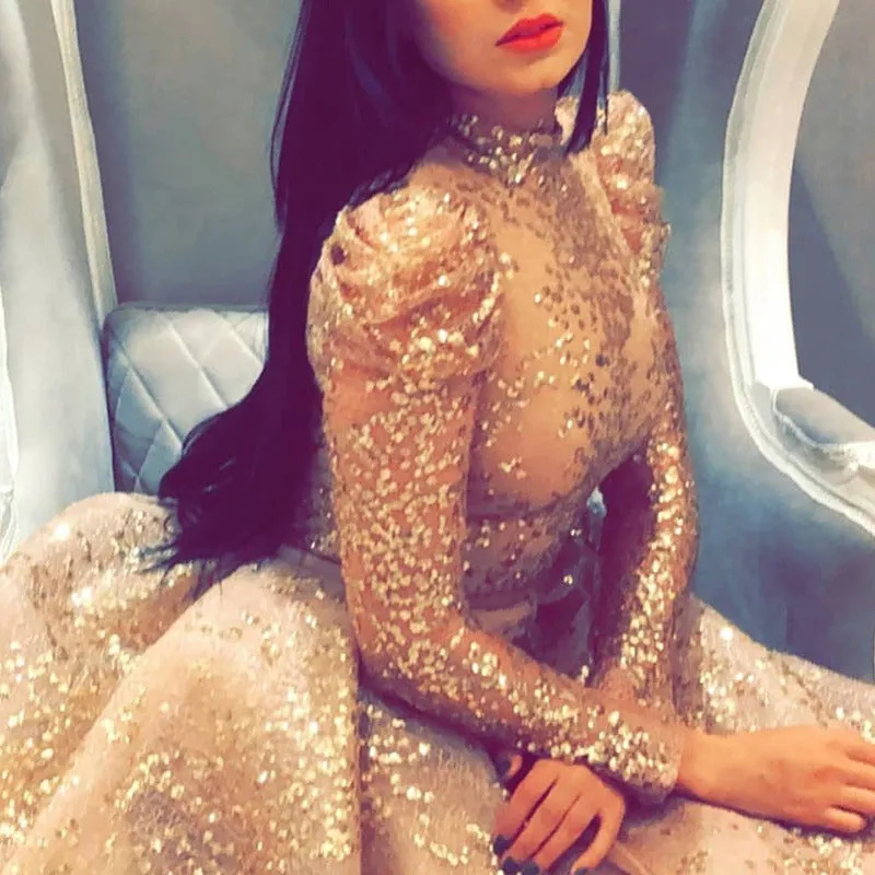 Gold rhinestone high-waist long sleeve maxi dress on female model, front view